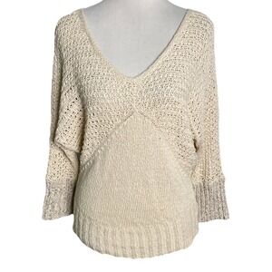 Anthro Sparrow V-Neck Dolman Sleeve Open Knit  Crochet Cream Sweater Coastal S